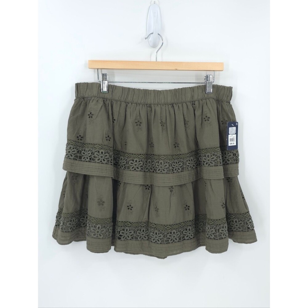 Lucky Brand Tiered Eyelet Skirt Goblincore Green Floral Schiffli Embroidery Boho - Picture 2 of 12